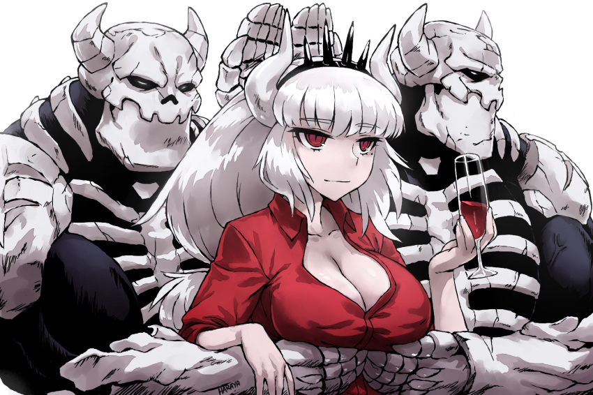 2boys breast_lift breasts cleavage closed_mouth collarbone commentary demon_girl demon_horns female glass grabbing grabbing_another's_breast haraya_manawari helltaker horns large_breasts long_hair lucifer_(helltaker) meme mole mole_under_eye multiple_boys parody red_eyes red_shirt servants_holding_aphrodite's_breasts_(meme) shirt shuumatsu_no_valkyrie signature simple_background skeleton_(helltaker) slit_pupils straight white_background white_hair