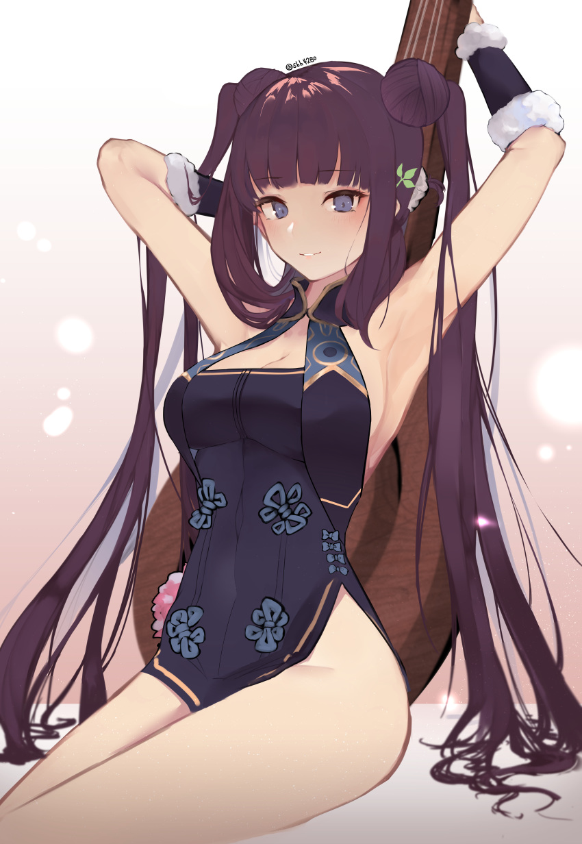 absurdres armpits arms_up bare_shoulders breasts china_dress chinese_clothes cleavage cleavage_cutout clothing_cutout double_bun dress eyelashes fate/grand_order fate_(series) feet_out_of_frame female hair_bun hair_ornament highleg highres holding large_breasts leaf_hair_ornament long_hair looking_at_viewer parted_lips pipa_(instrument) purple_eyes purple_hair short_dress sidelocks solo thighs twintails twitter_username vantsuki yang_guifei_(fate) yang_guifei_(first_ascension)_(fate) yang_guifei_(second_ascension)_(fate)