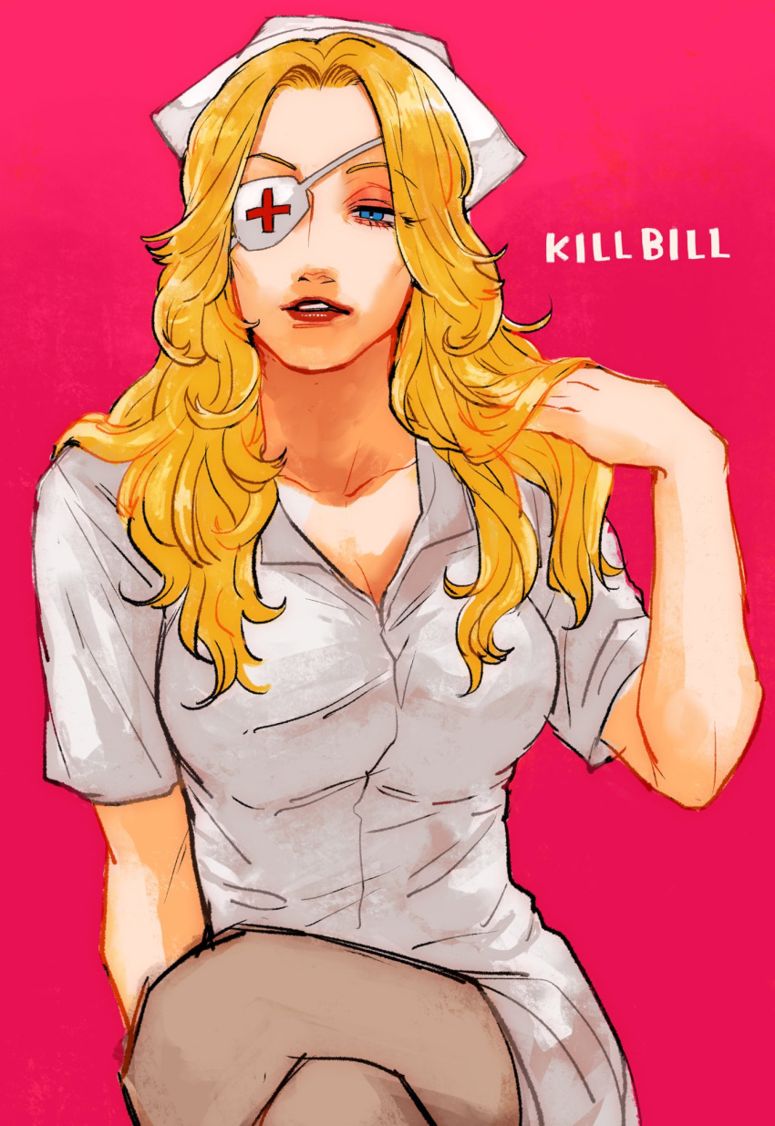 blonde_hair blue_eyes breasts cleavage commentary crossed_legs elle_driver eyepatch female hair_over_shoulder hand_in_own_hair hat highres kill_bill large_breasts long_hair looking_to_the_side ma2_ereki nurse nurse_cap pantyhose parted_bangs parted_lips pink_background shirt short_sleeves solo symbol-only_commentary upper_body wavy_hair white_shirt