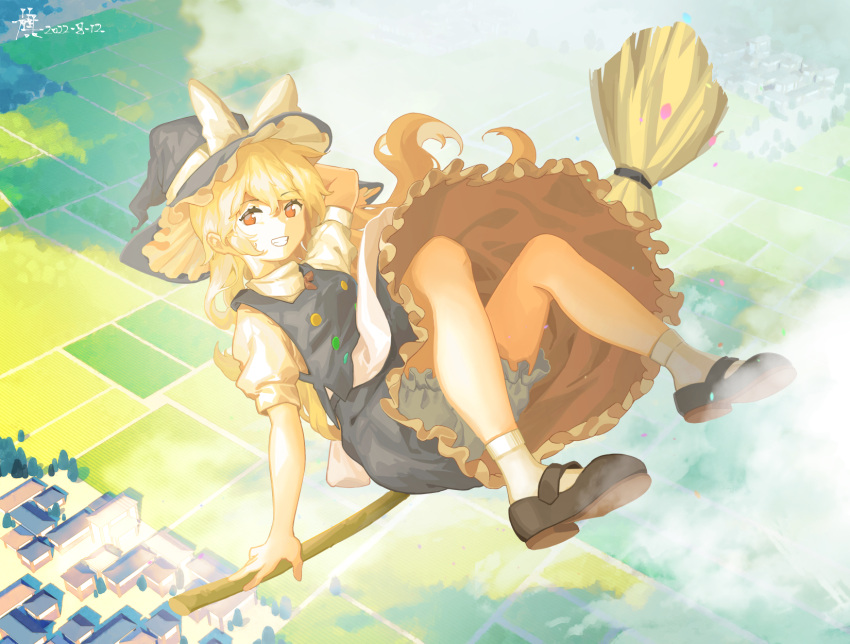 100th_black_market black_footwear black_hat black_skirt black_vest blonde_hair bloomers bow broom broom_riding buttons female frilled_skirt frills furahata_gen grin hair_between_eyes hat hat_bow highres human_village_(touhou) kirisame_marisa long_hair multicolored_buttons orange_eyes shirt shoes short_sleeves skirt smile socks solo touhou underwear vest white_bloomers white_bow white_shirt white_socks witch_hat