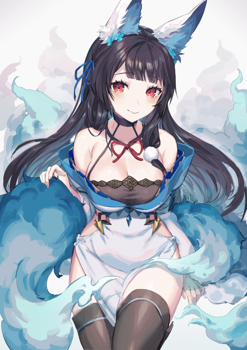 animal_ears black_hair black_thighhighs blue_flower blue_kimono blue_ribbon blue_tail blush breasts cleavage closed_mouth commentary cowboy_shot female flower fox_ears fox_girl fox_tail hair_ribbon halterneck highres japanese_clothes kimono large_breasts long_hair long_sleeves looking_at_viewer masterwork_apocalypse multicolored_clothes multicolored_kimono multiple_tails off_shoulder red_eyes ribbon sidelocks simple_background smile solo swept_bangs tail thighhighs white_background white_kimono yingning_(masterwork_apocalypse) yu-ri_(arium047)