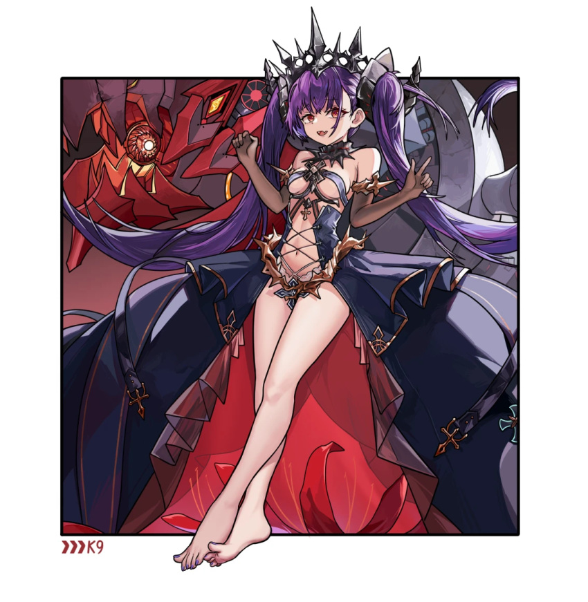 azur_lane bare_legs barefoot black_gloves breasts center_opening commentary_request cross cross-laced_clothes cross-laced_dress crossed_ankles crossed_bangs elbow_gloves fangs feet felix_schultz_(azur_lane) female full_body gloves hands_up horns iron_cross kuroinu9 legs light_frown long_hair looking_at_viewer nail_polish navel outside_border pink_nails purple_hair red_eyes revealing_clothes showgirl_skirt skin_fangs small_breasts solo spikes toenail_polish toenails toes twintails