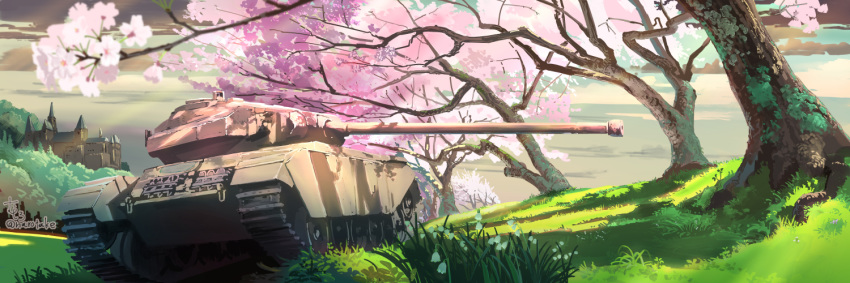 artist_name castle caterpillar_tracks centurion_(tank) cherry_blossoms cloud commentary_request dated emblem evening flower grass military military_vehicle motor_vehicle narotake no_humans original outdoors signature sky sunlight tank vehicle_focus world_of_tanks