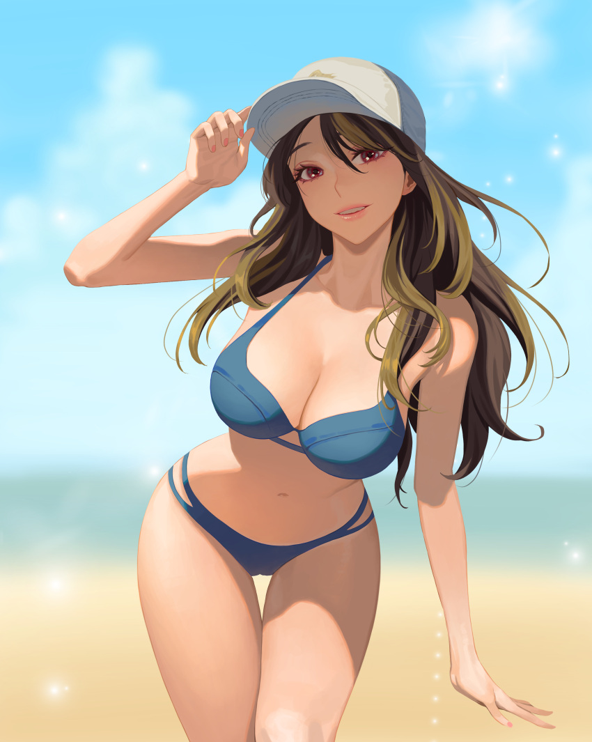 absurdres bare_arms bare_shoulders baseball_cap beach bikini blonde_hair blue_bikini blue_sky blurry blurry_background breasts brown_hair cleavage collarbone commission day depth_of_field feet_out_of_frame female final_fantasy final_fantasy_xiv hand_on_headwear hat highres hongcasso hyur leaning_forward long_hair looking_at_viewer multicolored_hair navel outdoors parted_lips pink_lips red_eyes sky smile solo standing streaked_hair sun sunlight swept_bangs swimsuit thigh_gap warrior_of_light_(ff14) white_hat