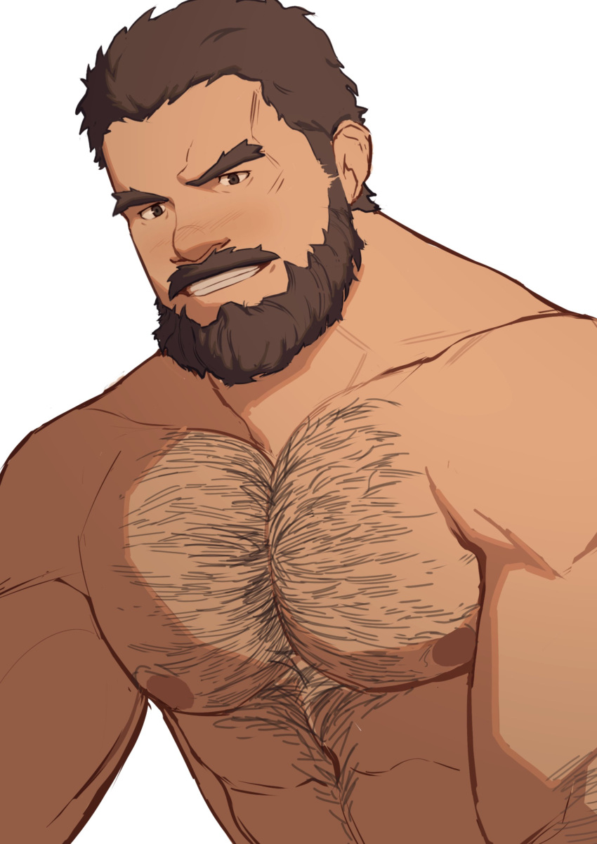 1boy abs absurdres bara beard black_hair character_request chest_hair completely_nude copyright_request facial_hair hairy highres large_pectorals male_focus mature_male muscular muscular_male nipples nude pectorals ryker short_hair smile solo thick_eyebrows upper_body