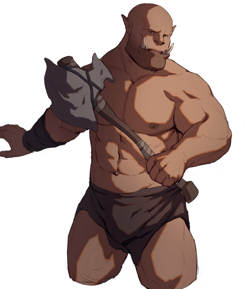 1boy abs axe bald bara beard bulge cropped_legs dark_skin facial_hair garrosh_hellscream highres holding holding_axe large_pectorals loincloth male_focus mature_male monster_boy muscular muscular_male navel nipples orc pectorals pointy_ears ryker solo stomach stubble thighs topless_male tusks warcraft world_of_warcraft