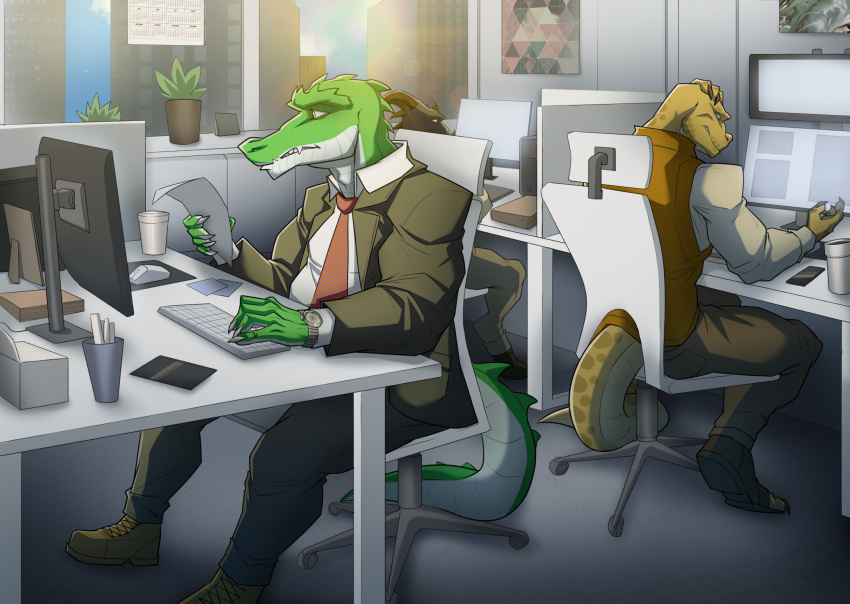 absurd_res alligator alligatorid anthro business_suit clock clothing computer computer_keyboard computer_mouse container cregon crocodile crocodilian crocodylid cup electronics green_body group hi_res ismar lizard male multicolored_body office pens plant redgreendied reptile scalie suit tail two_tone_body watch white_body wristwatch yellow_body yellow_eyes