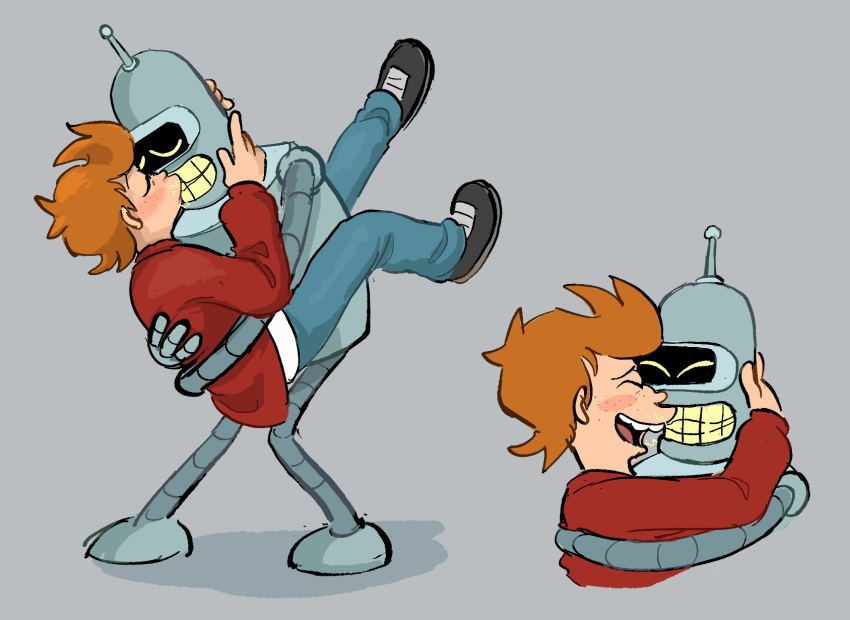 bender_bending_rodríguez blush blush_stickers bottomwear clothing comedy_central denim denim_bottomwear denim_clothing duo futurama hair handsomehugs happy hi_res human human_on_robot jacket jeans machine male male/male mammal orange_hair pants philip_j._fry politepuppet red_clothing red_jacket red_topwear robot shadow topwear