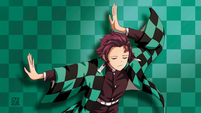 1boy belt brown_hair checkered_background checkered_haori closed_eyes commentary_request demon_slayer_uniform earrings easy_breezy eizouken_ni_wa_te_wo_dasu_na! haori highres japanese_clothes jewelry kamado_tanjirou kimetsu_no_yaiba male_focus parody pose qurm_(enpitsu)