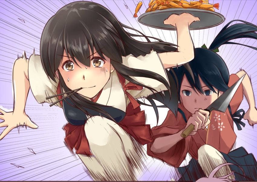 2girls akagi_(kancolle) anger_vein blue_hair brown_eyes brown_hair chasing chopsticks chopsticks_in_mouth commentary_request fleeing food hakama hakama_short_skirt hakama_skirt highres houshou_(kancolle) japanese_clothes kantai_collection kimono knife long_hair multiple_girls muneate nontraditional_miko pantyhose ponytail shrimp shrimp_tempura skirt straight_hair tempura yaegashi_(muzzuleflash)