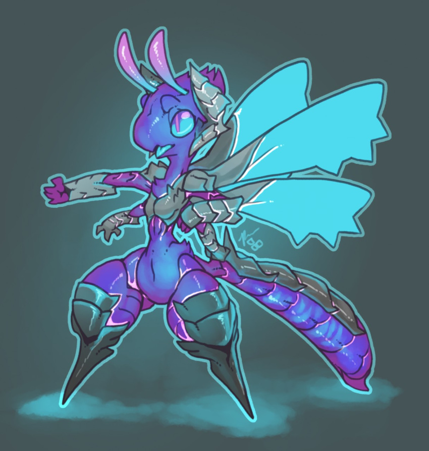 antennae_(anatomy) anthro arthropod arthropod_abdomen bioluminescence breasts damselfly featureless_crotch female glowing glowing_body gradient_background hi_res insect_wings insects open_mouth pixel-butts pupils simple_background slit_pupils small_waist solo thick_thighs wide_hips wings