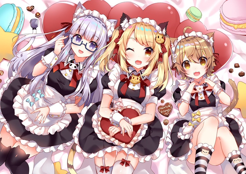 3girls :d ;d alternate_costume animal_ear_fluff animal_ear_legwear animal_ears animal_print annin_miru apron bed_sheet black_dress black_thighhighs blonde_hair blue-framed_eyewear blush bow brown_eyes brown_hair cat_ear_legwear cat_print commentary crossover dress enmaided fangs feet_out_of_frame food frilled_apron frilled_legwear frills garter_straps glasses hair_between_eyes hair_ribbon heart heart-shaped_pillow hoonie_(hoonie_friends) hoonie_friends lying macaron maid multiple_crossover multiple_girls on_back one_eye_closed one_side_up open_mouth orith pillow print_thighhighs puffy_short_sleeves puffy_sleeves purple_eyes purple_hair red_bow red_ribbon ribbon semi-rimless_eyewear short_sleeves smile socks star-shaped_pillow striped_clothes striped_socks tail thighhighs twintails under-rim_eyewear usagihime virtual_youtuber waist_apron white_apron white_thighhighs wrist_cuffs yahoo!