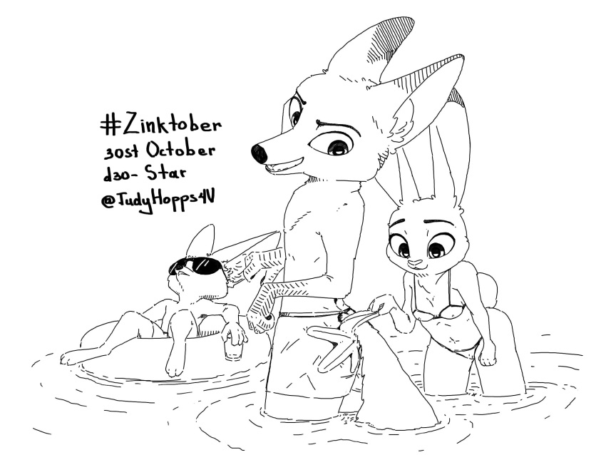 2020 4:3 anthro arms_bent asterozoan bent_arm bent_legs bikini canid canine clothed clothing disney echinoderm english_text extended_arm feet_over_edge female fennec_fox finnick_(zootopia) fox group hand_on_leg hand_on_own_leg hand_on_own_thigh hand_on_thigh hashtag hi_res inktober inktober_2020 judy_hopps judyhopps44 lagomorph leaning leaning_forward leaning_on_edge leaning_on_self legs_in_water leporid lounging male mammal marine monochrome nick_wilde number over_edge partially_submerged rabbit red_fox resting_arms simple_background standing standing_in_water starfish submerged_legs submerged_tail sunken_seat swimming_trunks swimwear tail_in_water text topless touching_leg touching_own_leg touching_own_thigh touching_thigh trio_focus true_fox up_and_over water white_background zootopia