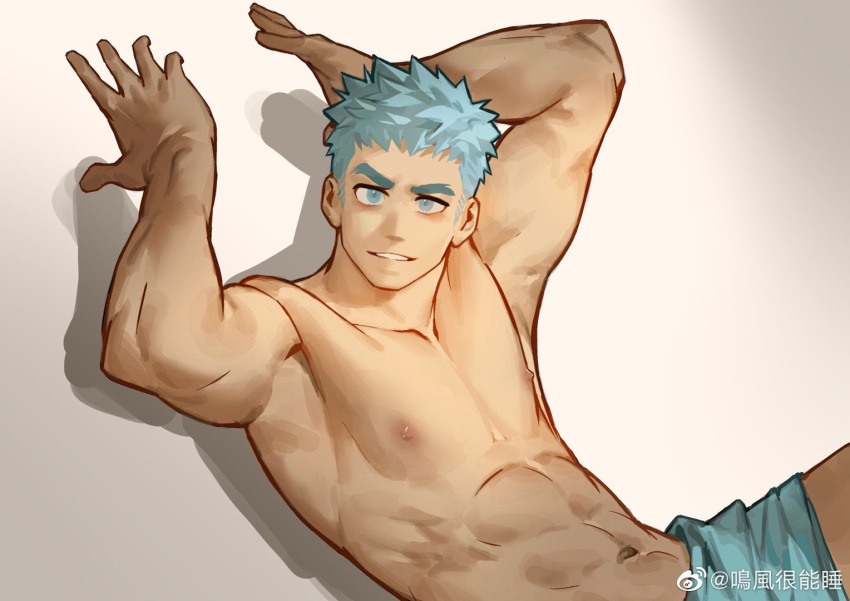 1boy abs aqua_eyes aqua_hair aqua_shorts armpits bara hands_up large_pectorals male_focus ming_feng_(disx_sleep) muscular muscular_male nipples original pectorals seductive_smile short_hair shorts sideburns smile solo stomach thick_eyebrows topless_male