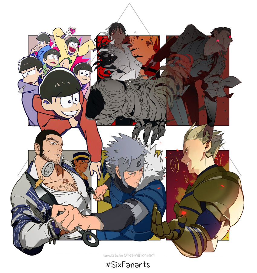 6+boys ajin_(sakurai_gamon) armor bad_id bad_twitter_id bandages black_hair black_headwear blonde_hair bursting_pectorals buttons chest_hair commentary crossover dynamic_pose english_commentary facial_hair fate/stay_night fate/zero fate_(series) fighting_stance flying_button forehead_protector foreshortening fur_collar galeblack gauntlets gilgamesh_(fate) golden_kamuy hat highres hood hoodie ibm_(ajin) inactive_account jujutsu_kaisen kaito_(ajin) kepi kunai long_sideburns male_focus matsuno_choromatsu matsuno_ichimatsu matsuno_jyushimatsu matsuno_karamatsu matsuno_osomatsu matsuno_todomatsu military_hat multiple_boys multiple_crossover multiple_drawing_challenge mummy nagai_kei nanami_kento naruto naruto_(series) ninja osomatsu-san osomatsu_(series) outside_border pauldrons pectorals protected_link red_eyes scar scar_on_cheek scar_on_face scar_on_nose senju_tobirama shirt shoulder_armor sideburns six_fanarts_challenge smile star_(symbol) stubble sugimoto_saichi tanigaki_genjirou two-tone_headwear wardrobe_malfunction weapon white_background white_shirt yellow_headwear