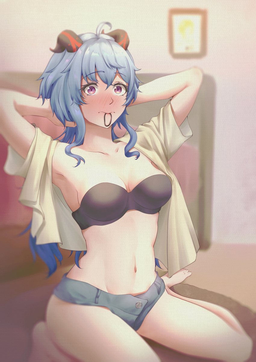 absurdres ahoge armpits arms_up bandeau bare_legs barefoot beige_shirt blue_hair blush bra breasts collarbone commentary_request embarrassed er_gou_daoren female ganyu_(genshin_impact) genshin_impact grey_shorts hair_between_eyes hair_tie_in_mouth highres horns indoors long_hair looking_at_viewer medium_breasts micro_shorts mouth_hold navel nose_blush open_clothes open_shirt purple_eyes short_sleeves shorts sitting solo stomach strapless strapless_bra thighs underwear very_long_hair wariza