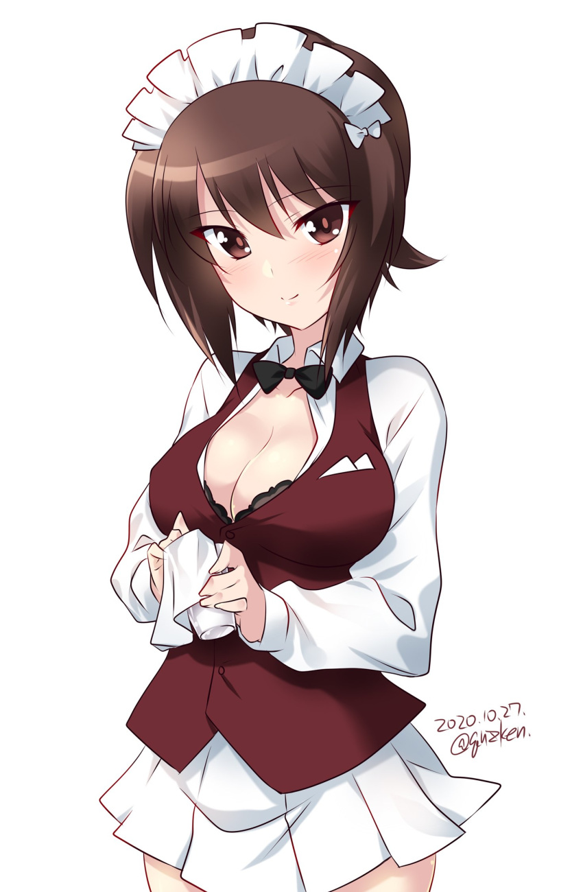 artist_name black_bow black_bowtie black_bra blush bow bowtie bra breasts brown_eyes brown_hair cleavage closed_mouth collarbone commentary_request cosplay cutlass_(girls_und_panzer) cutlass_(girls_und_panzer)_(cosplay) dated female girls_und_panzer highres kuzuryuu_kennosuke large_breasts looking_at_viewer maid_headdress miniskirt nishizumi_maho shiny_skin short_hair simple_background skirt smile solo underwear white_background white_skirt