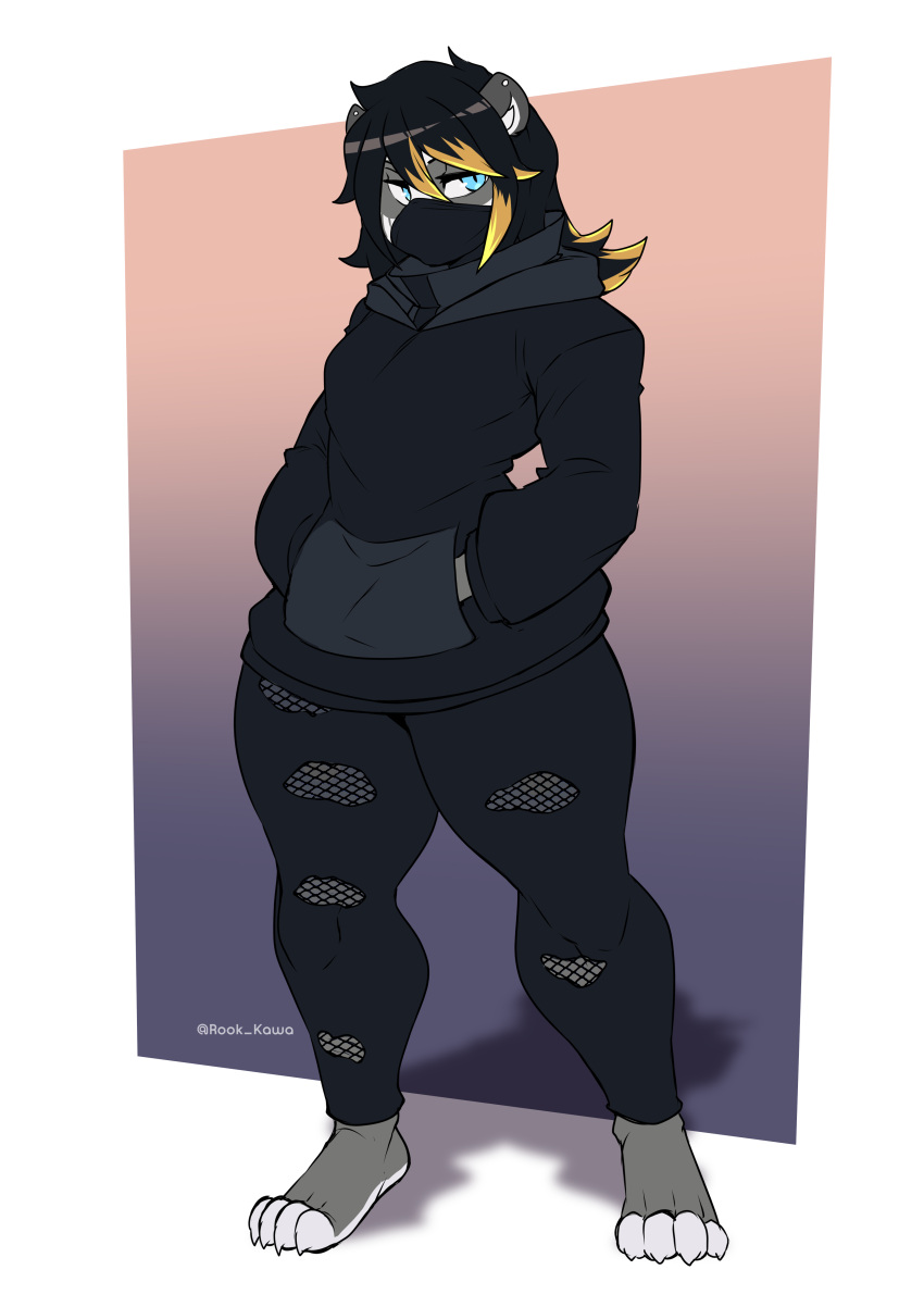 absurd_res alternative_fashion anthro bear blue_eyes clothing face_mask femboy fishnet_clothing fishnet_legwear giant_panda goth hi_res hoodie leggings legwear male mammal rook_kawa sly_knox solo topwear