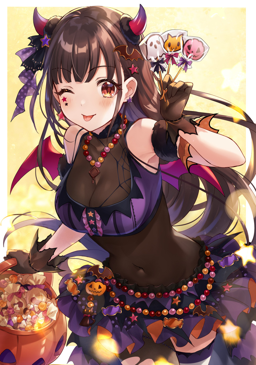 ;p arm_strap basket black_bodysuit blush bodysuit breasts brown_gloves brown_hair cleavage covered_navel demon_wings earrings female floating_hair gloves halloween halloween_bucket halloween_costume highres holding holding_basket horns idolmaster idolmaster_shiny_colors iku2727 jewelry long_hair medium_breasts miniskirt navel one_eye_closed purple_skirt red_eyes red_wings see-through skirt solo sonoda_chiyoko star_(symbol) star_earrings thigh_strap tongue tongue_out very_long_hair wings yellow_background