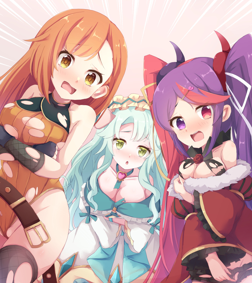 3girls absurdres aged_up animal_ears breasts green_hair heterochromia highres large_breasts misaki_(princess_connect!) misogi_(princess_connect!) multicolored_hair multiple_girls nyxerebos orange_hair pig_ears precia_(princess_connect!) princess_connect! purple_eyes purple_hair red_eyes red_hair torn_clothes two-tone_hair yellow_eyes