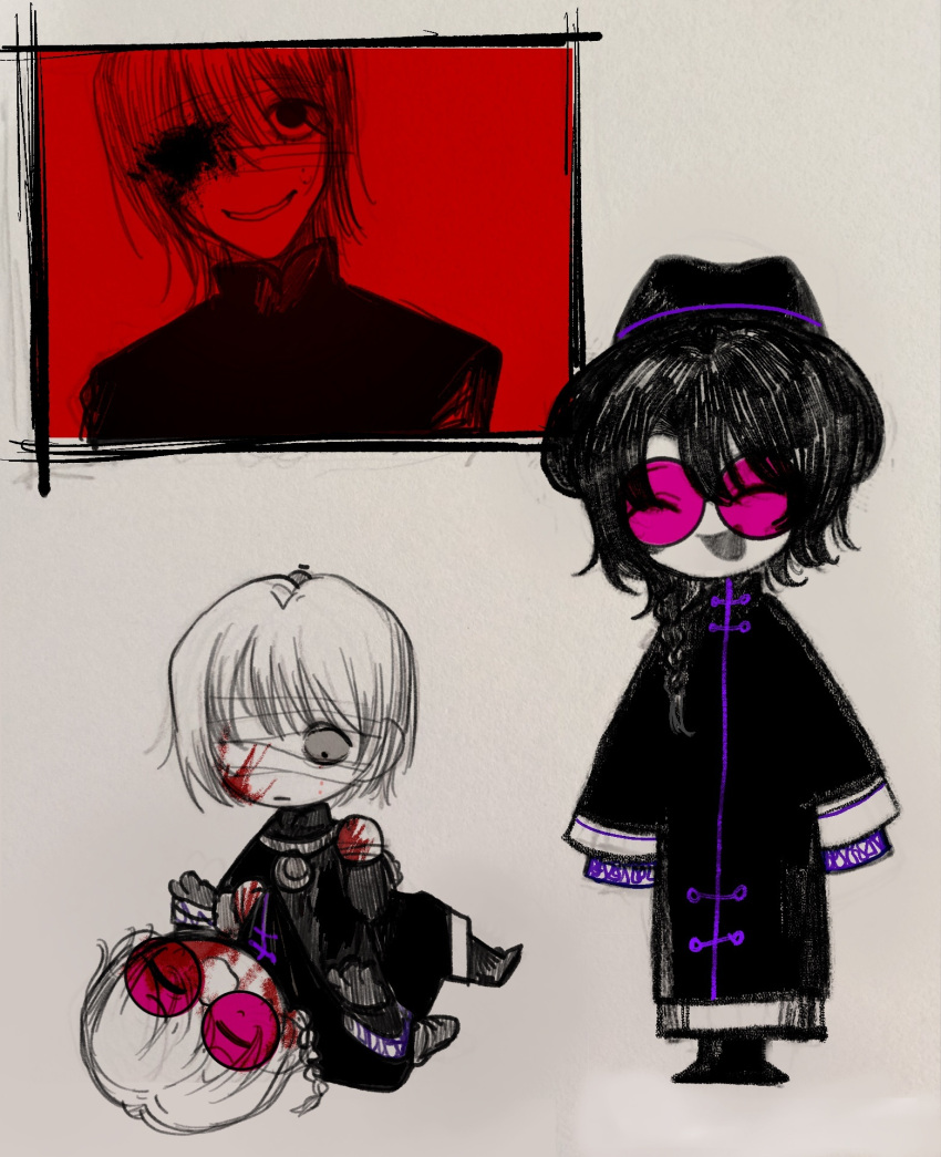 1boy bandage_over_one_eye black_coat black_hair black_hat blood blood_on_face blood_on_hands braid chibi chinese_commentary closed_eyes closed_mouth coat commentary_request female hair_between_eyes hat high_collar highres huai_yunqing long_sleeves mandarin_collar multiple_views muluo_cantu open_mouth partially_colored pink-tinted_eyewear round_eyewear short_hair side_braid single_braid sleeves_past_fingers sleeves_past_wrists smile tinted_eyewear touqi_guaitan wide-eyed wu_song_(touqi_guaitan)