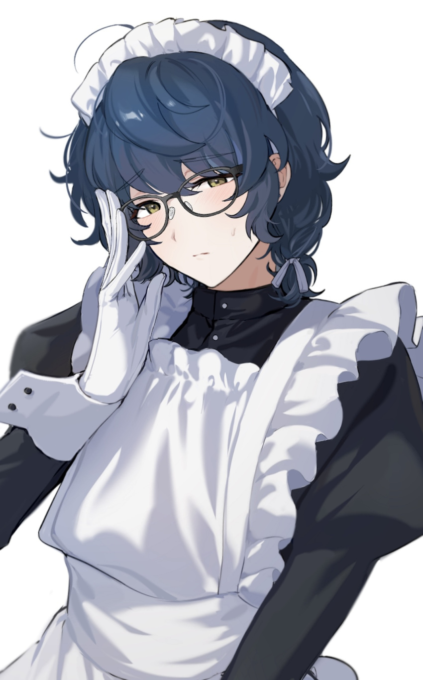 1boy adjusting_eyewear alternate_costume aoba_tsumugi apron bishounen black-framed_eyewear black_dress blue_hair buttons close-up closed_mouth cowlick crossdressing dark_blue_hair dress enmaided ensemble_stars! frilled_apron frills furrowed_brow glasses gloves hand_up highres juliet_sleeves light_blush light_frown long_sleeves looking_at_viewer maid maid_headdress male_focus puffy_sleeves sideways_glance simple_background sleeve_cuffs solo split_mouth sweatdrop swept_bangs three_quarter_view tsmkwa upper_body white_apron white_background white_gloves