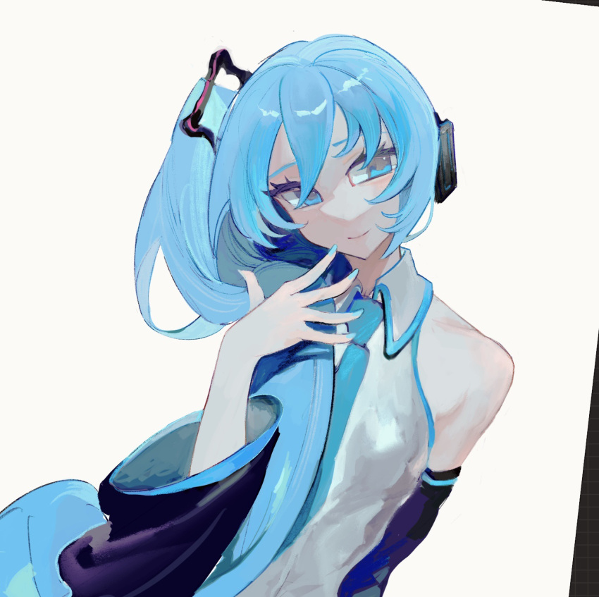 bare_shoulders blue_eyes blue_hair blue_nails blue_necktie blue_trim closed_mouth collared_shirt detached_sleeves female hatsune_miku hatsune_miku_(noodle_stopper) highres long_hair meme necktie shirt side_ponytail sidetail_miku_noodle_stopper_(meme) sleeveless sleeveless_shirt smile solo strawbonni upper_body vocaloid