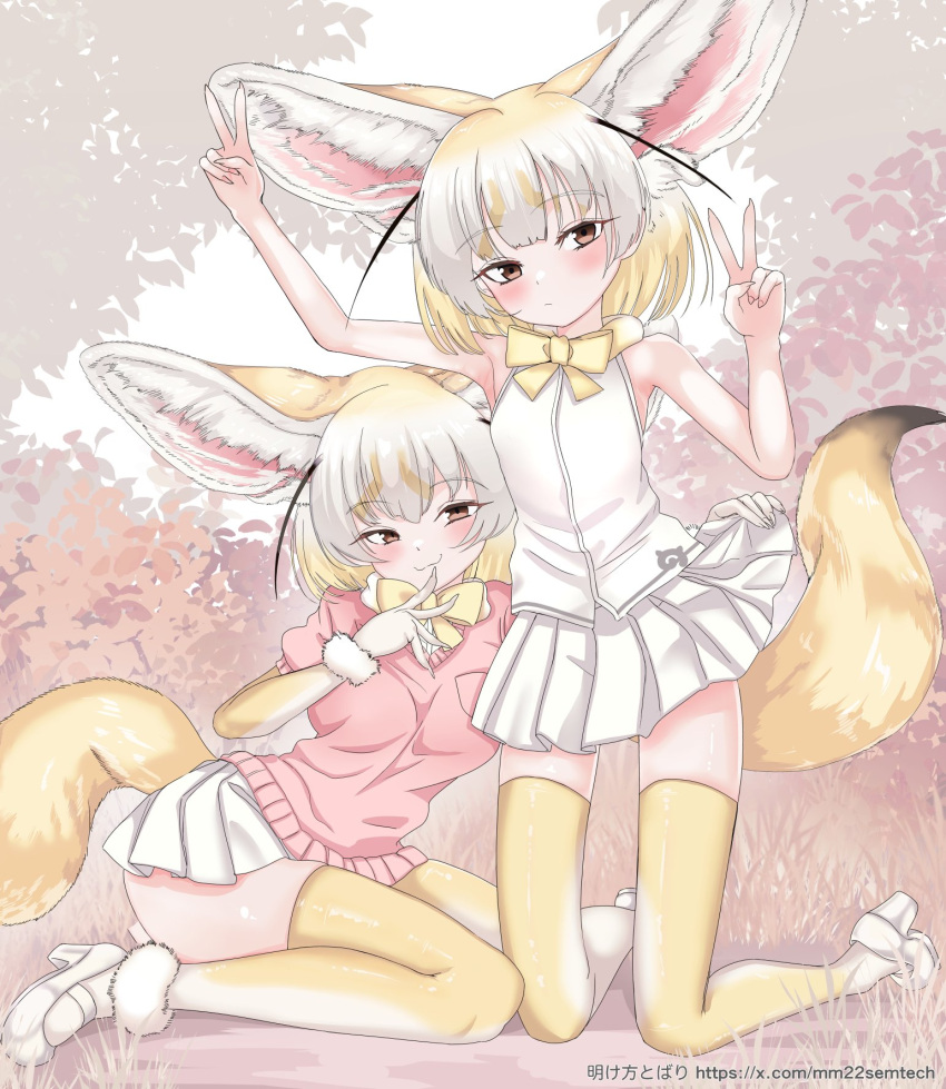 2girls akegata_tobari animal_ears blonde_hair blush bow bowtie brown_eyes dual_persona extra_ears fennec_(kemono_friends) fox_ears fox_tail fur_collar gloves highres kemono_friends large_ears multicolored_hair multiple_girls open_mouth pink_sweater shirt short-sleeved_sweater short_hair short_sleeves skirt sleeveless sleeveless_shirt smile sweater tail thick_thighs thighhighs thighs white_hair yellow_bow yellow_bowtie