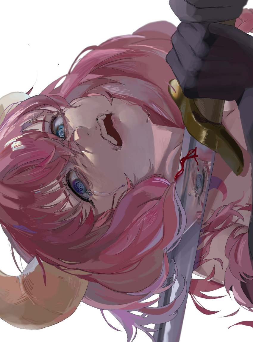 aura_(sousou_no_frieren) black_gloves blood blue_eyes body_control crying crying_with_eyes_open demon_girl demon_horns despair female gloves hair_between_eyes highres holding holding_sword holding_weapon horns imminent_suicide long_hair medium_bangs mepo_1 pink_hair reflection sideways simple_background solo sousou_no_frieren spoilers sword sword_to_throat tears teeth upper_teeth_only weapon white_background yellow_horns