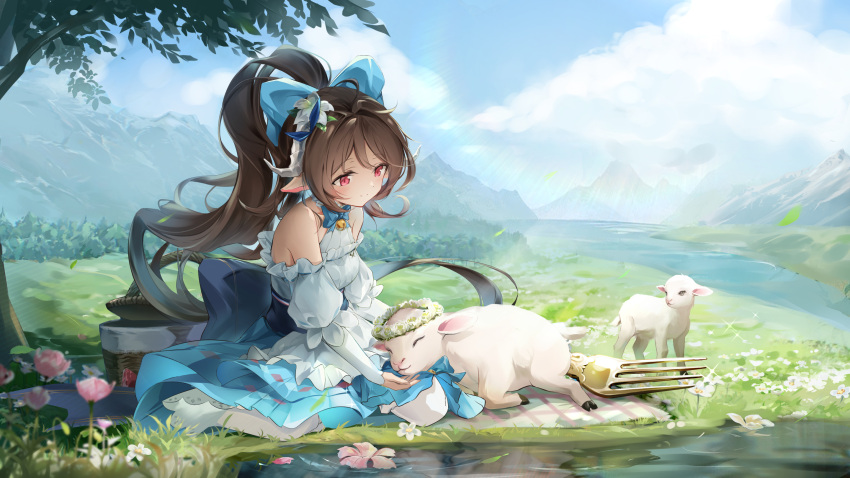 animal_ears arknights bare_shoulders blue_bow blue_bowtie bow bowtie brown_hair brs_(33143752) eyjafjalla_(arknights) eyjafjalla_the_hvit_aska_(a_picnic_before_a_long_trip)_(arknights) eyjafjalla_the_hvit_aska_(arknights) female goat grey_horns highres horns lamb layered_sleeves long_hair long_sleeves nature official_alternate_costume outdoors pantyhose picnic_basket pink_eyes sheep sheep_ears sheep_girl shirt shirt_under_dress short_over_long_sleeves short_sleeves sitting skirt solo white_shirt