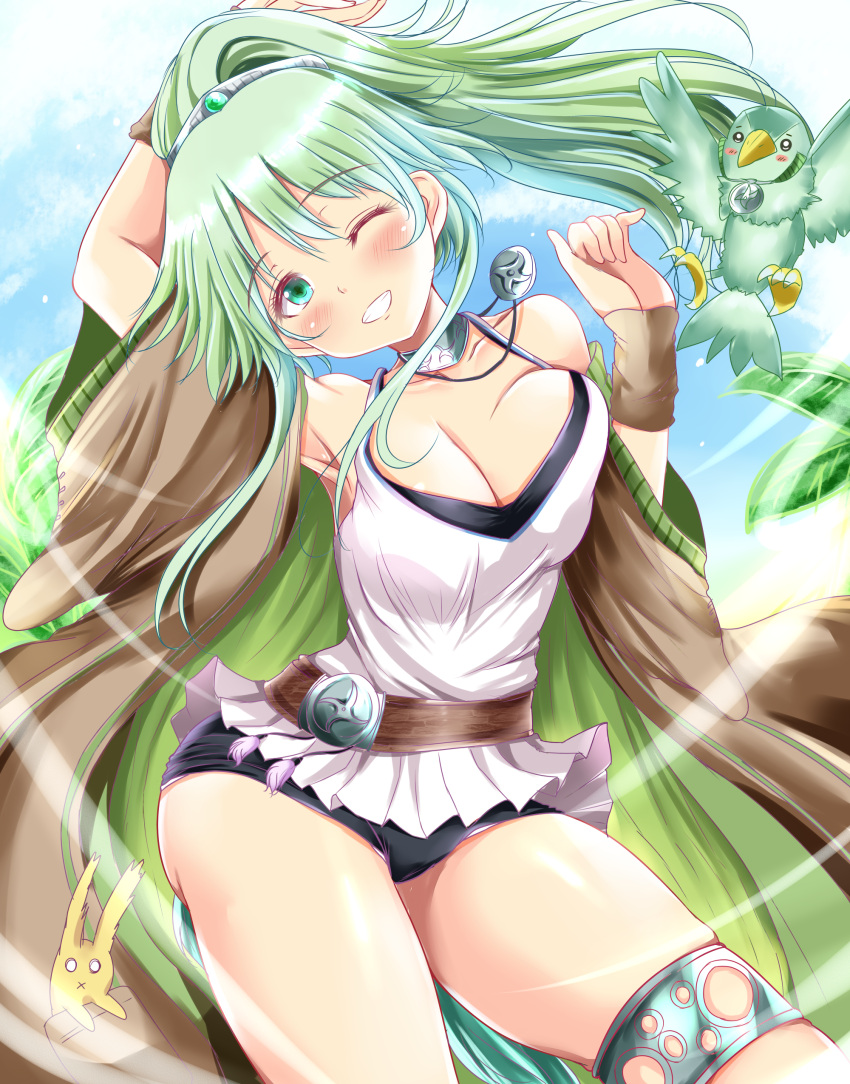 :d absurdres andrew_(duel_angel) animal anklet belt bird black_shorts blush breasts capelet chick cleavage collar collarbone duel_monster female green_eyes green_hair hair_ornament highres hood hood_down hooded_capelet jewelry large_breasts long_hair looking_at_viewer metal_collar off_shoulder one_eye_closed pendant ponytail short_shorts shorts sky smile solo thighs tiara wind winda_(yu-gi-oh!) winda_priestess_of_gusto yu-gi-oh!