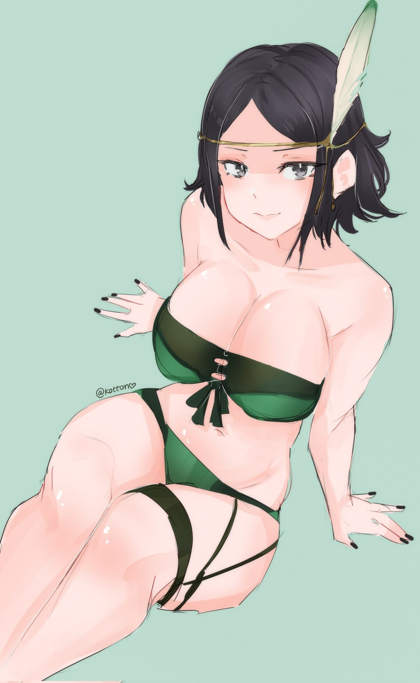 bare_shoulders bikini black_hair breasts circlet cleavage feathers female fire_emblem fire_emblem_awakening fire_emblem_heroes green_bikini hair_ornament highres large_breasts looking_at_viewer navel noire_(fire_emblem) noire_(summer)_(fire_emblem) official_alternate_costume serafineart1001 solo swimsuit