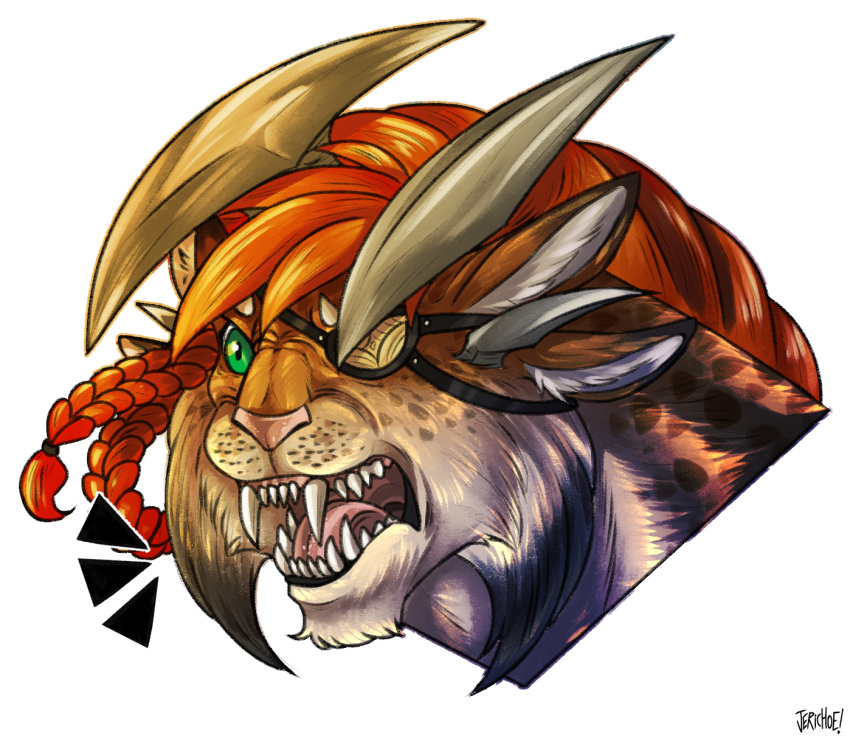 2023 4_ears 4_horns anthro artist_name braided_hair brown_body brown_fur charr cheek_tuft colored digital_drawing_(artwork) digital_media_(artwork) eye_patch eyebrows eyewear facial_tuft fangs felid feline female fur green_eyes guild_wars hair headshot_portrait hi_res horn jerichoe light lighting mammal multi_ear multi_horn nastazya_ragewelder open_mouth orange_hair pink_nose pink_tongue portrait shaded simple_background solo tan_eyebrows tan_horn teeth tongue tuft whisker_spots white_background