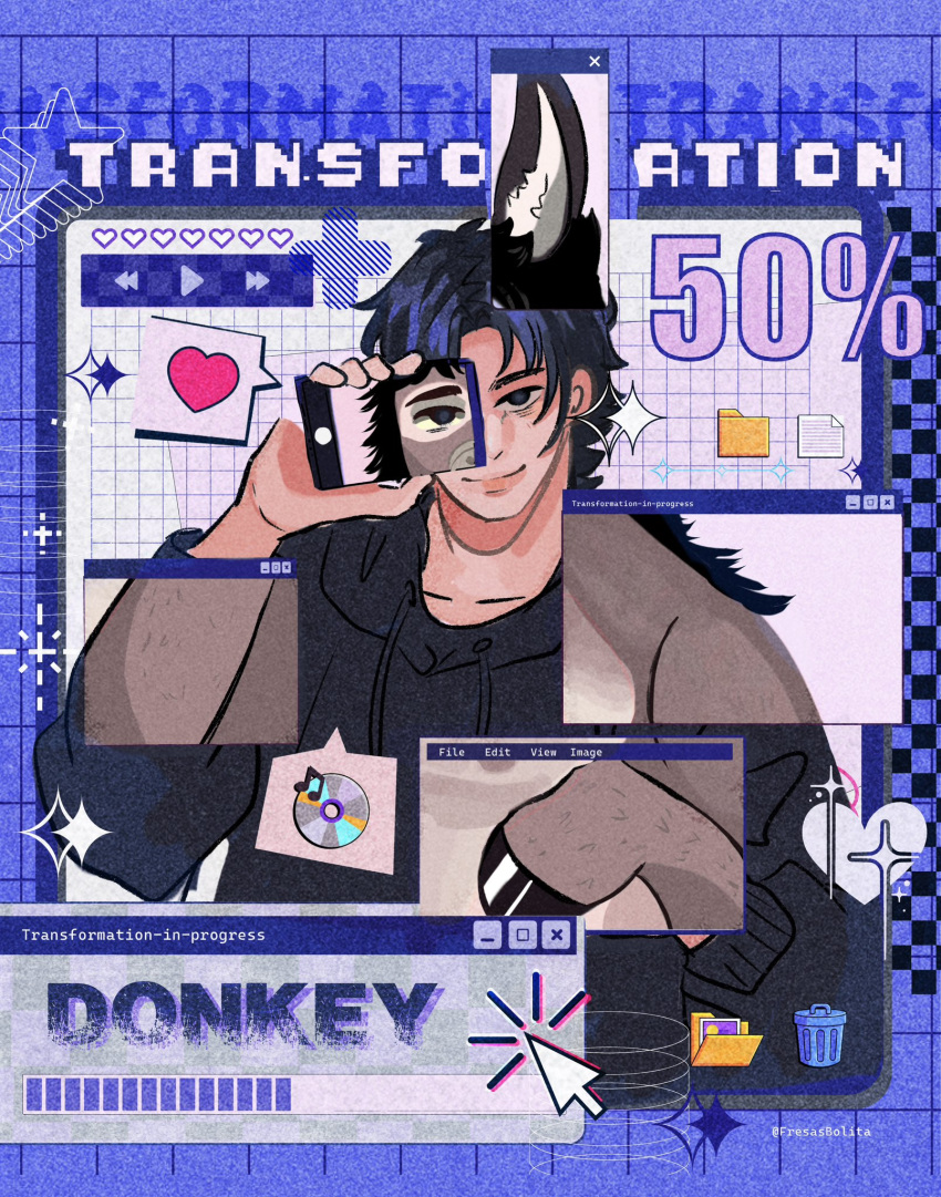 asinus cd cellphone clothing computer computer_screen cursor donkey electronics english_text equid equine feral fresasbolita fur hair heart_symbol hi_res holding_object hoodie hooves human icon iconography looking_at_viewer loss_of_dexterity male mammal mid_transformation mouse_cursor phone pop-up smartphone solo text topwear transformation