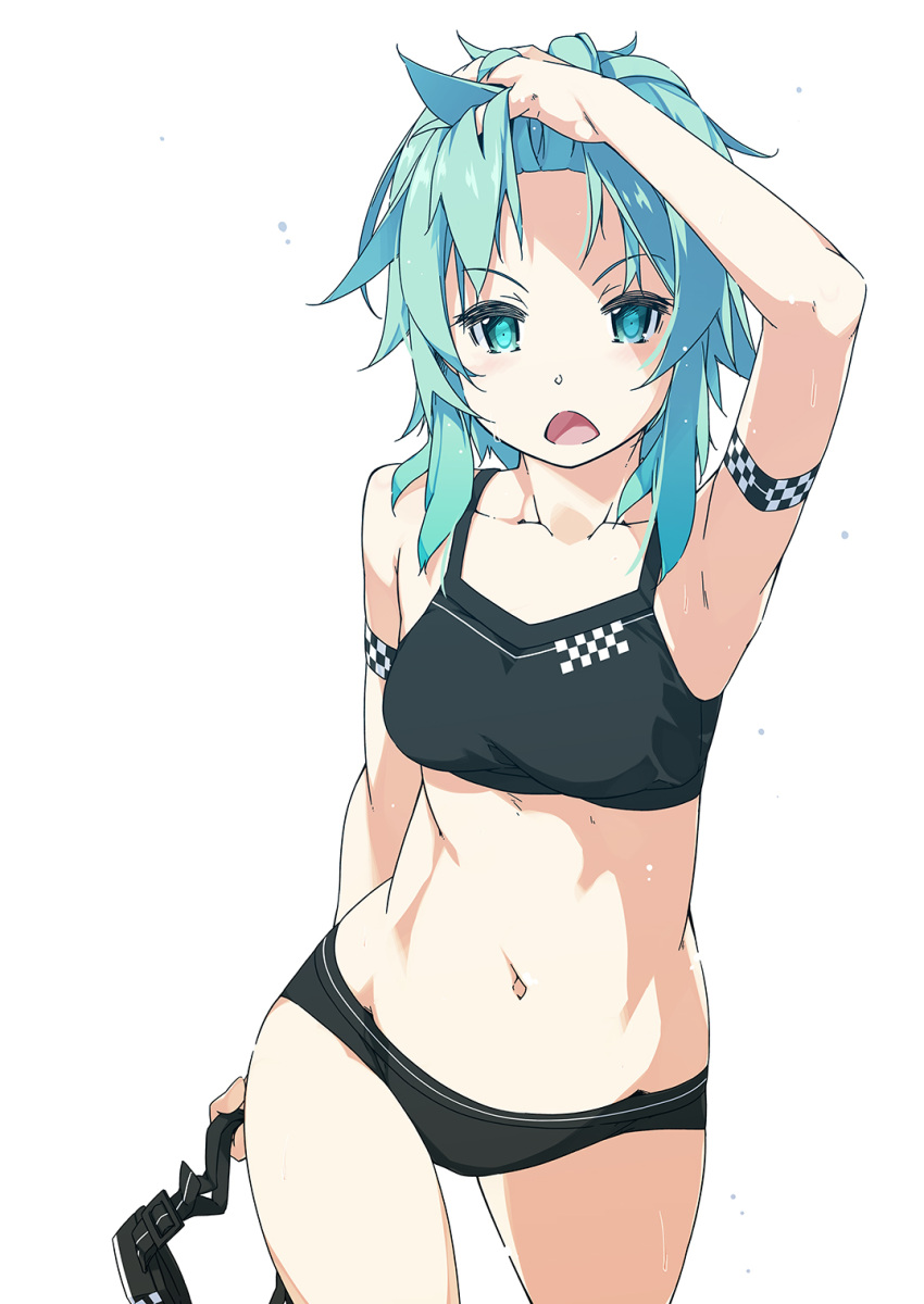 aqua_eyes aqua_hair arm_up armpits bare_shoulders bikini_bridge black_bra black_panties blush bra breasts collarbone commentary_request contrapposto cowboy_shot female groin hand_in_own_hair highres holding long_hair looking_at_viewer midriff navel open_mouth panties shikei simple_background sinon small_breasts solo sports_bra standing stomach sword_art_online thighs underwear white_background