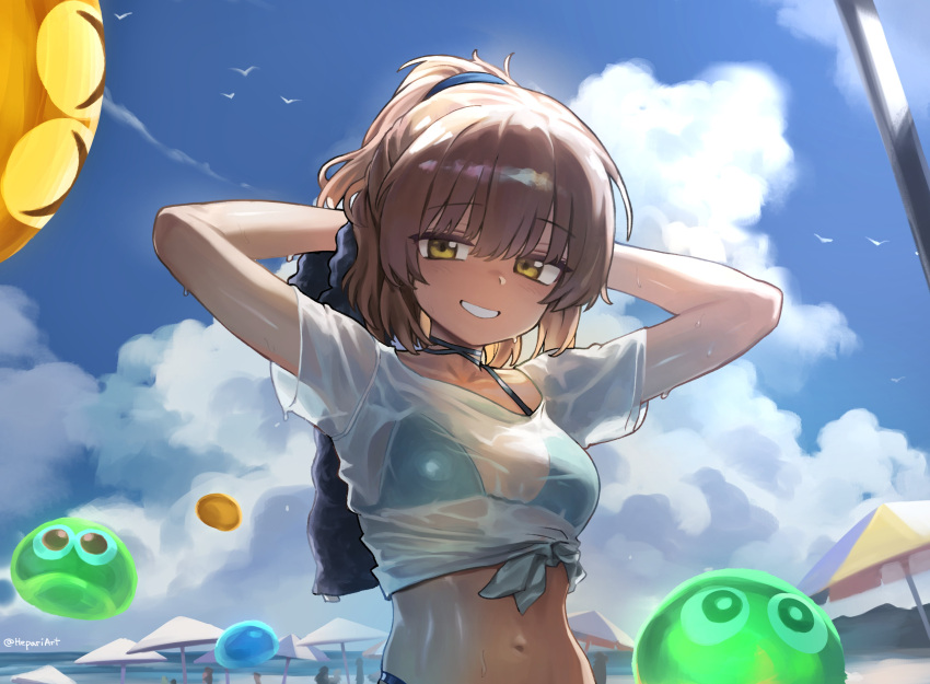 absurdres arle_nadja arms_behind_head arms_up beach bikini blue_bikini blunt_bangs breasts brown_eyes brown_hair day female grin hepari highres holding holding_towel looking_at_viewer medium_breasts navel outdoors parted_lips puyopuyo see-through see-through_shirt shirt short_hair short_ponytail smile solo swimsuit teeth towel wet wet_clothes wet_shirt white_shirt