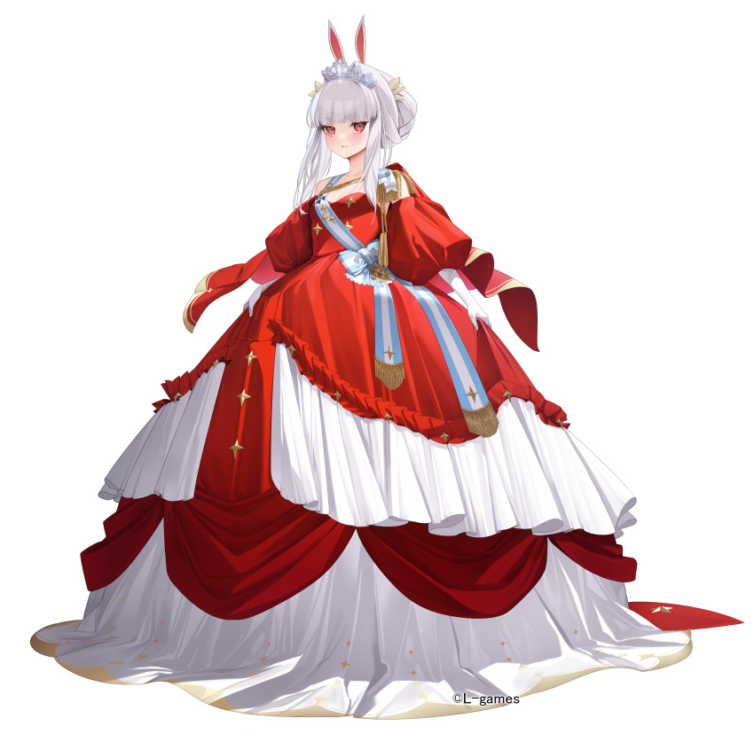 absurdres aku_no_onna_kanbu:_perigee_new_moon animal_ears arrow_(tamawo222) bare_shoulders blush breasts character_request closed_mouth commentary_request dress elbow_gloves female full_body gloves grey_hair highres looking_at_viewer official_art puffy_short_sleeves puffy_sleeves rabbit_ears red_dress red_eyes short_sleeves simple_background small_breasts solo standing tiara white_background white_gloves