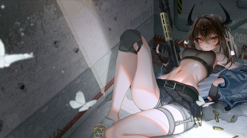 absurdres ak-74 armpits artist_request assault_rifle bare_shoulders belt black_gloves black_hair black_shirt blue_jacket breasts bug butterfly closed_mouth commentary_request commission crop_top female gloves grey_shorts gun highres holding holding_gun holding_weapon horns incredibly_absurdres jacket kalashnikov_rifle khremz's_character knee_pads knee_up korean_commentary long_hair long_sleeves looking_at_viewer lying medium_breasts midriff navel off_shoulder on_back open_clothes open_jacket original partially_fingerless_gloves pointy_ears red_eyes rifle second-party_source shell_casing shirt short_shorts shorts single_knee_pad sleeveless sleeveless_shirt solo stomach sweatdrop thighs weapon