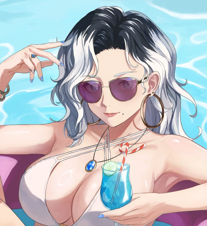 bare_shoulders bikini black_hair blue_nails cherng commission cup cupping_glass drinking_straw earrings female highres holding holding_cup hoop_earrings jewelry long_hair mole multicolored_hair nail_polish original pendant pink_lips smile solo sunglasses swimsuit two-tone_hair upper_body white_bikini white_hair