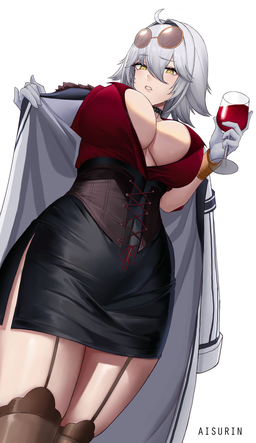 absurdres ahoge aisurin1st armband artist_name black_dress black_skirt black_thighhighs breasts choker cleavage coat covered_navel cowboy_shot cross-laced_clothes cup dress drinking_glass eyewear_on_head female from_below garter_straps gloves grey_hair hair_between_eyes hair_intakes highres large_breasts looking_at_viewer medium_hair open_clothes open_coat parted_lips pencil_dress plunging_neckline red_shirt shirt shirt_tucked_in short_dress simple_background skirt solo sunglasses thighhighs tight_clothes tight_dress underbust vshojo white_background white_gloves wine_glass wing_collar yellow_eyes zentreya zettai_ryouiki