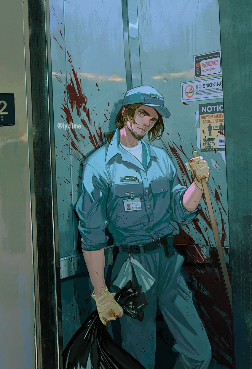 1boy absurdres baseball_cap belt belt_pouch black_belt blood blood_on_clothes blood_on_wall blood_splatter blue_hat blue_pants blue_shirt brown_eyes brown_hair chinstrap_beard elevator gloves hat head_tilt highres iyzlime janitor looking_at_viewer male_focus medium_hair name_tag original pants ponytail pouch shirt sleeves_rolled_up solo trash_bag twitter_username white_gloves white_undershirt