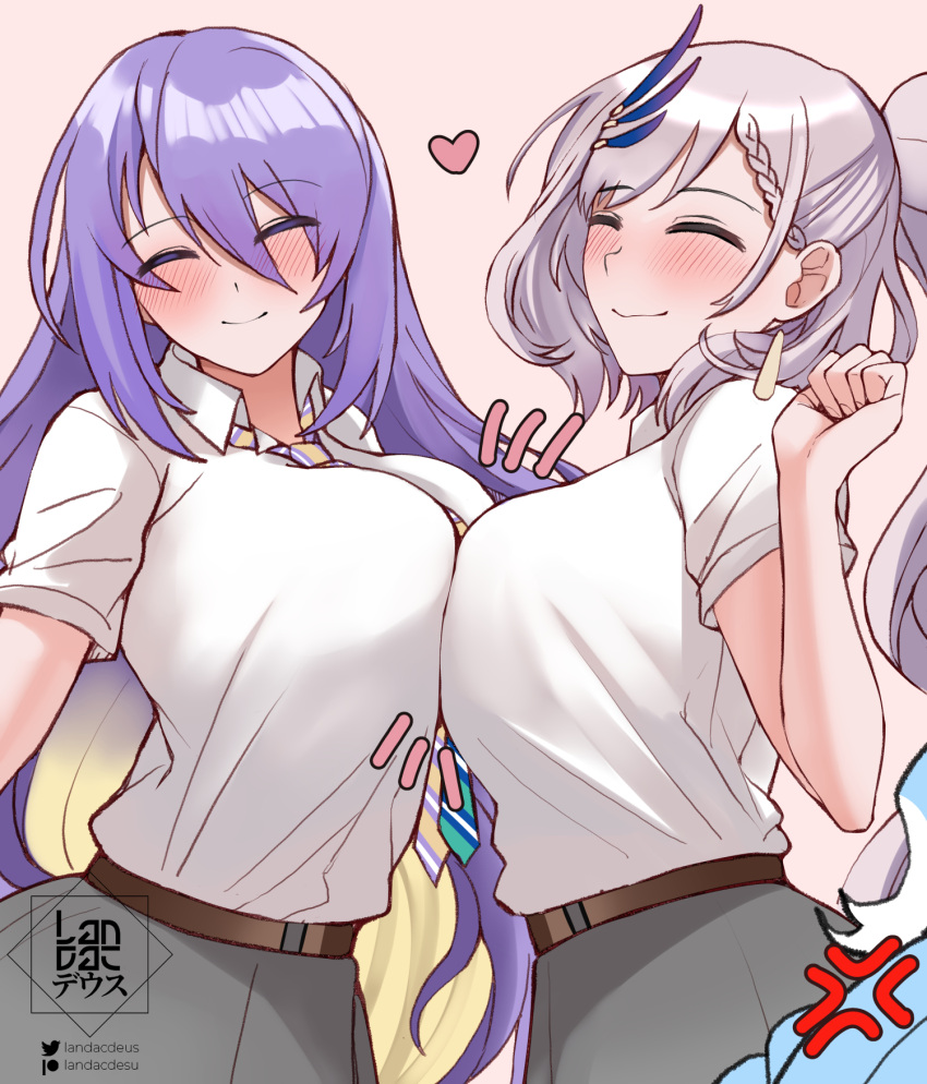 3girls alternate_costume anger_vein artist_logo belt between_breasts blue_hair blush breast_press breasts closed_eyes diagonal-striped_clothes diagonal-striped_necktie grey_hair grey_skirt heart highres hololive hololive_indonesia kobo_kanaeru landacdeus large_breasts long_hair moona_hoshinova multiple_girls necktie necktie_between_breasts patreon_username pavolia_reine ponytail purple_hair shirt skirt striped_clothes symmetrical_docking twitter_username virtual_youtuber white_shirt