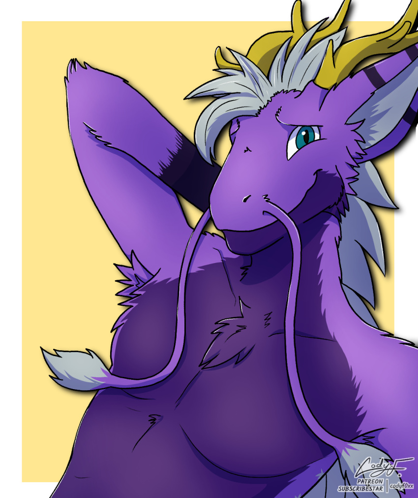 anthro antlers azzy_(bubble) barbel_(anatomy) chest_tuft codyf0xx dragon flesh_whiskers fur green_eyes hair hi_res horn looking_at_viewer male mythological_creature mythological_scalie mythology nude purple_body purple_fur scalie simple_background solo tuft white_hair