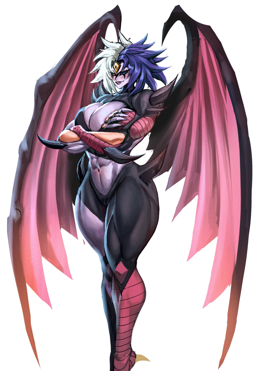 1509virgoart abs absurdres androgynous blue_hair breasts cleavage colored_skin crossed_arms demon_girl demon_horns demon_wings facial_mark female heterochromia highres horns huge_breasts multicolored_hair muscular navel purple_skin thick_thighs thighs third_eye white_hair wings yu-gi-oh! yu-gi-oh!_gx yubel