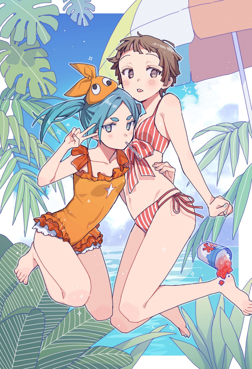 2girls aqua_hair barefoot beach_umbrella bikini blue_nails blush breasts brown_eyes brown_hair cloud commentary covered_navel day floating food front-tie_bikini_top front-tie_top googly_eyes green_eyes hat highres holding holding_spoon ice_cream_cup looking_at_viewer monogatari_(series) multiple_girls nademonogatari nail_polish ocean official_alternate_hair_length official_alternate_hairstyle one-piece_swimsuit ononoki_yotsugi open_mouth orange_one-piece_swimsuit parted_bangs plant sarai_maki sengoku_nadeko shaved_ice short_eyebrows short_hair side-tie_bikini_bottom small_breasts sparkle spoon spoon_straw striped_bikini striped_clothes swimsuit thick_eyebrows toes twintails umbrella utensil_in_mouth v vertical-striped_bikini vertical-striped_clothes