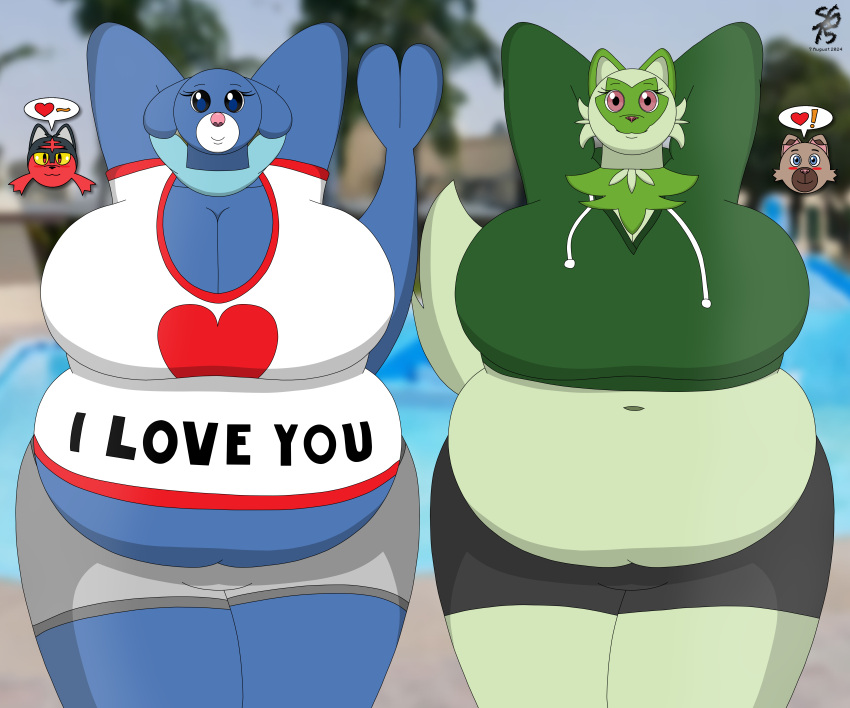 2024 2girls 2girls2boys background bbw belly belly_button big_belly big_breasts blue_body blush blushing_at_partner breasts canine cat_ears cat_humanoid cat_tail chubby chubby_anthro chubby_belly chubby_female chubby_legs clothed clothes clothing cute cute_face dialogue dialogue_bubble expressions fat fat_belly fat_breasts fat_female fat_legs fat_thighs fat_woman feline feline_humanoid female girls green_body heart in_love legs litten mammal mammal_breasts mammal_humanoid mia_sandoval_(solandgamer75) nintendo overweight overweight_anthro overweight_female pink_nose pokemon pokemon_(species) pool popplio pose rockruff seal seal_humanoid seal_tail sexy_pose solandgamer75 sprigatito thighs