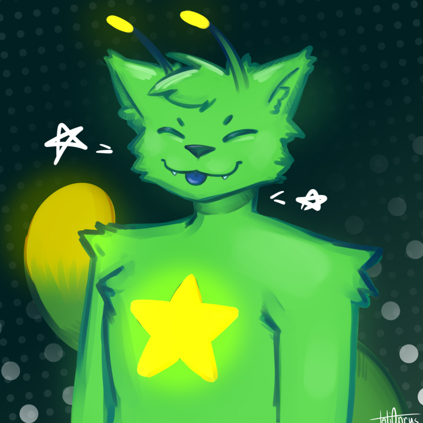 2024 alien ambiguous_anthro ambiguous_gender antennae_(anatomy) anthro blue_tongue cheek_tuft closed_eyes closed_smile colored digital_drawing_(artwork) digital_media_(artwork) dipstick_tail domestic_cat dotted_background facial_tuft fangs felid feline felis fur glowing glowing_antennae glowing_markings glowing_tail gnarpy green_background green_body green_fur green_hair green_nose green_tail hair happy hi_res long_tail mammal markings mouth_closed multicolored_body multicolored_fur pattern_background regretevator signature simple_background smile solo star star_(marking) tail tail_markings tatianrus_kartowka teeth tongue tongue_out tuft two_tone_body two_tone_fur two_tone_tail yellow_markings yellow_tail_tip