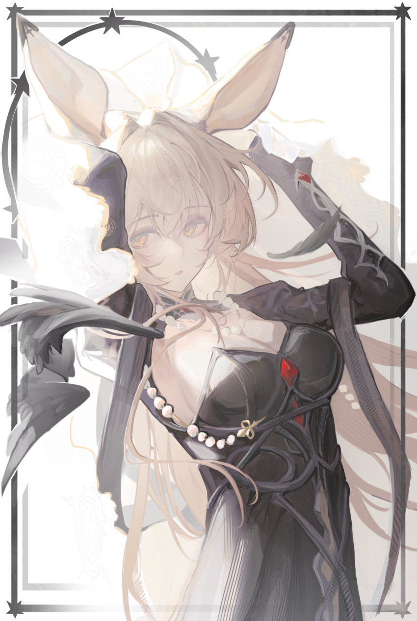 animal_ears arknights arms_up black_dress blonde_hair bloom border breasts cleavage cowboy_shot dorothy_(arknights) dorothy_(hand_of_destiny)_(arknights) dress female hair_between_eyes hair_intakes halo highres jewelry kotowaza medium_breasts necklace official_alternate_costume orange_border parted_lips pearl_necklace solo standing star_(symbol) yellow_eyes