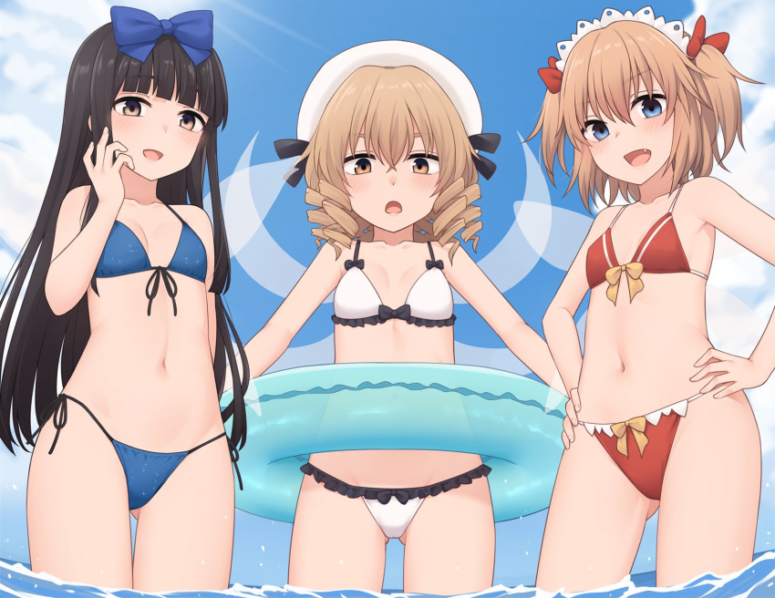 3girls adapted_costume arm_behind_back bikini black_hair blonde_hair blue_bikini blue_eyes blue_innertube blush bow bow_bikini breasts brown_eyes brown_hair day drill_hair fairy fairy_wings flat_chest frilled_bikini frills front-tie_top hairbow hand_on_own_face hands_on_own_hips headdress highres holding holding_swim_ring innertube long_hair looking_at_viewer luna_child miyo_(ranthath) multiple_girls navel oerba_yun_fang open_mouth orange_hair red_bikini ribbon short_hair side-tie_bikini_bottom small_breasts smile star_sapphire sunny_milk swim_ring swimsuit touhou twintails wading water white_bikini wings