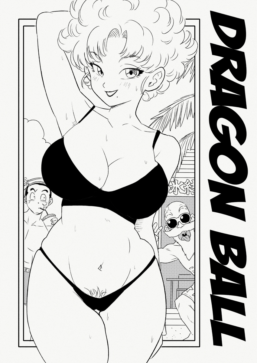 2boys absurdres armpits beard bikini breasts commentary dragon_ball dragon_ball_(classic) dragon_ball_fighterz english_commentary facial_hair female high_contrast highres large_breasts lipstick makeup mole mole_under_eye monochrome multiple_boys muten_roushi old old_man pink_mousse pubic_hair pubic_hair_peek ranfan short_hair smile solo_focus sweat swimsuit thigh_gap thighs yamcha